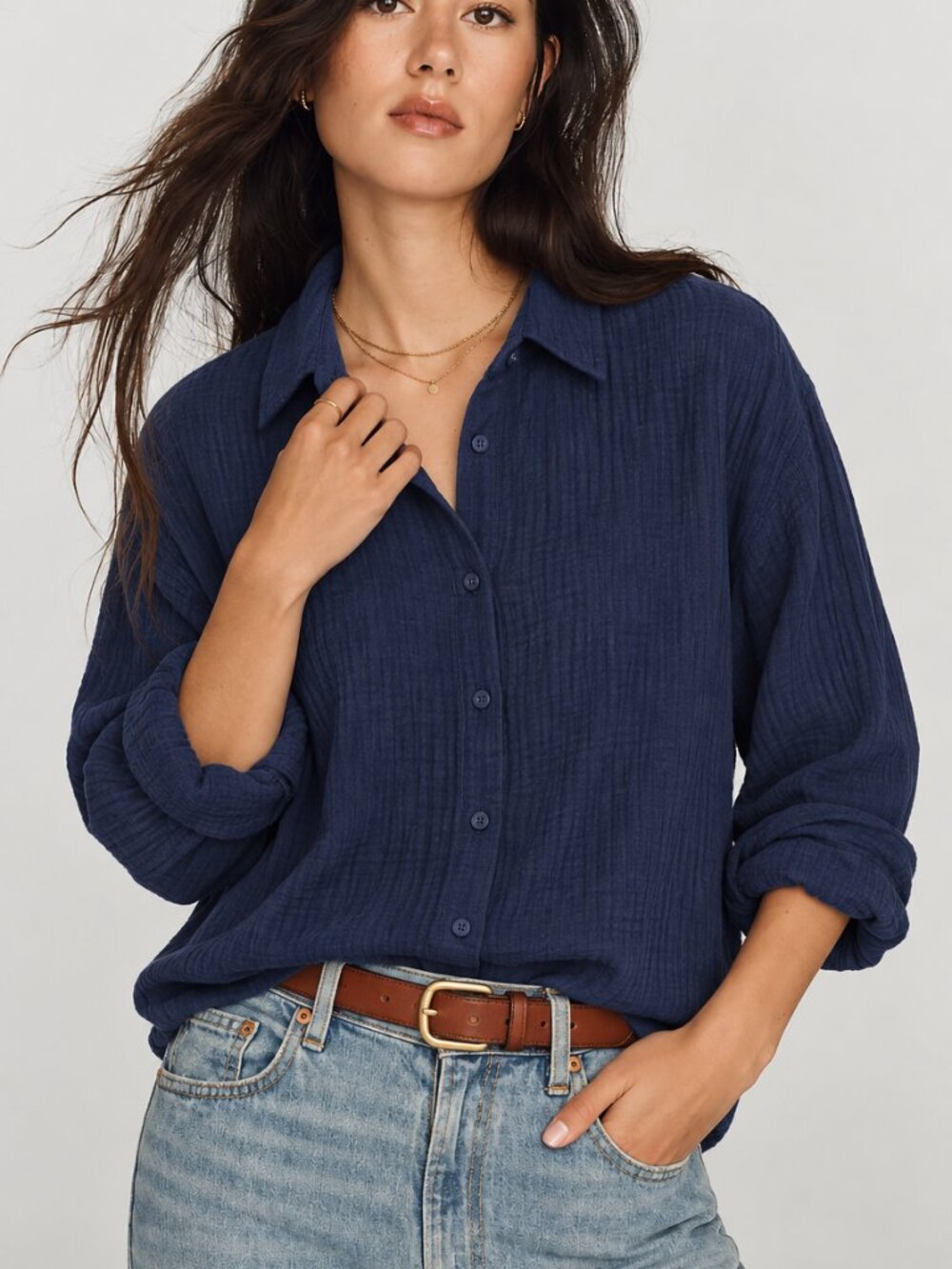 Splendid Navy Cotton Gauze Button Down Shirt Long Sleeve Relaxed Fit XS NWT